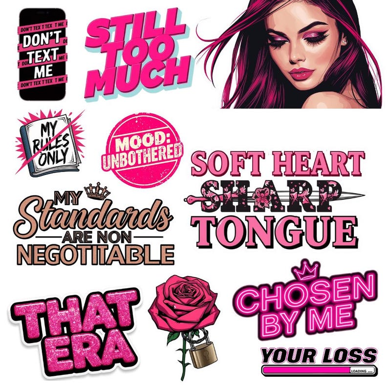 Printable pink aesthetic stickers featuring main character energy and villain era phrases