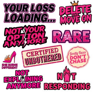 Printable pink aesthetic stickers featuring main character energy and villain era phrases