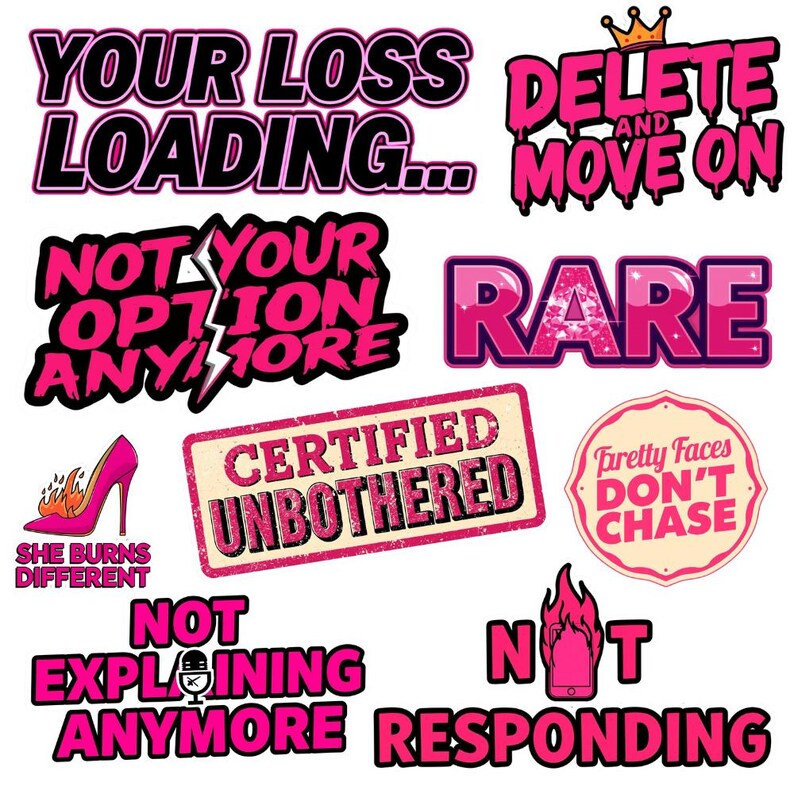Printable pink aesthetic stickers featuring main character energy and villain era phrases