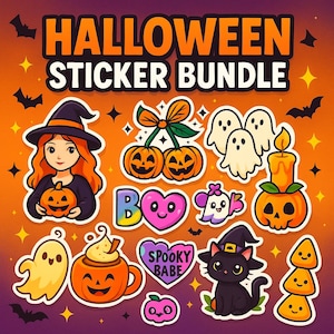 Könnte beinhalten: Ein Halloween-Sticker-Bundle mit gruseligen Illustrationen. Es zeigt eine Hexe, Geister, Kürbisse, eine schwarze Katze und den Text "Halloween Sticker Bundle". Die Aufkleber sind in Orange, Schwarz und Weiß gehalten.