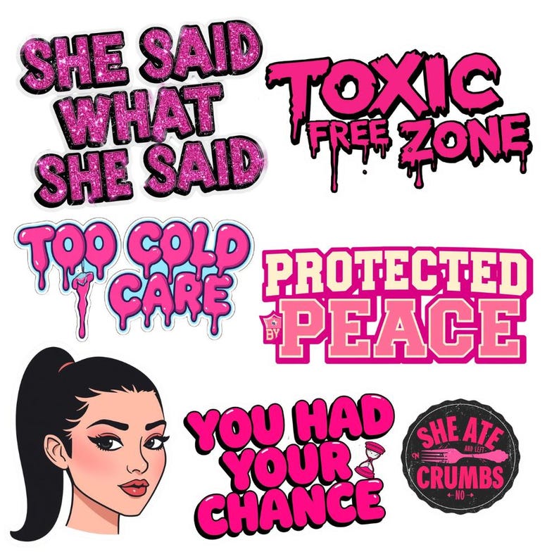 May include: A collection of stickers with various phrases and a cartoon illustration of a woman. The stickers feature text like "She Said What She Said," "Toxic Free Zone," and "Protected by Peace." The color scheme is primarily pink and black.