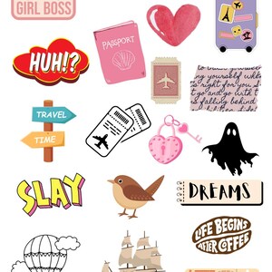 May include: A collection of travel-themed stickers and illustrations. Includes a pink passport, airplane tickets, a suitcase, a heart, a bird, a hot air balloon, a ship, and text that says "Girl Boss", "Be Silly", "Slay", and "Dreams".