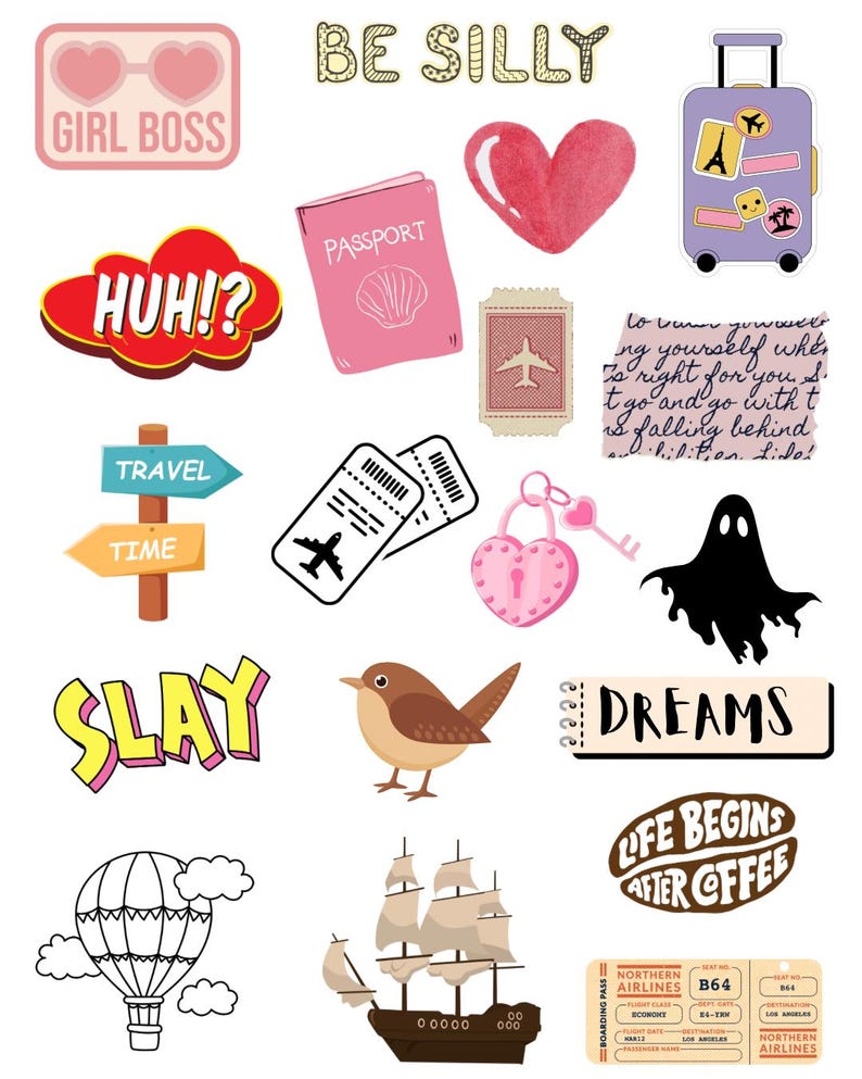 May include: A collection of travel-themed stickers and illustrations. Includes a pink passport, airplane tickets, a suitcase, a heart, a bird, a hot air balloon, a ship, and text that says "Girl Boss", "Be Silly", "Slay", and "Dreams".
