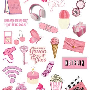 May include: A collection of pink stickers and illustrations, including a calendar, headphones, dice, a butterfly, an ice cream cone, a purse, and a popcorn container. Text includes "Team Girl", "Netflix", and "Main Character".