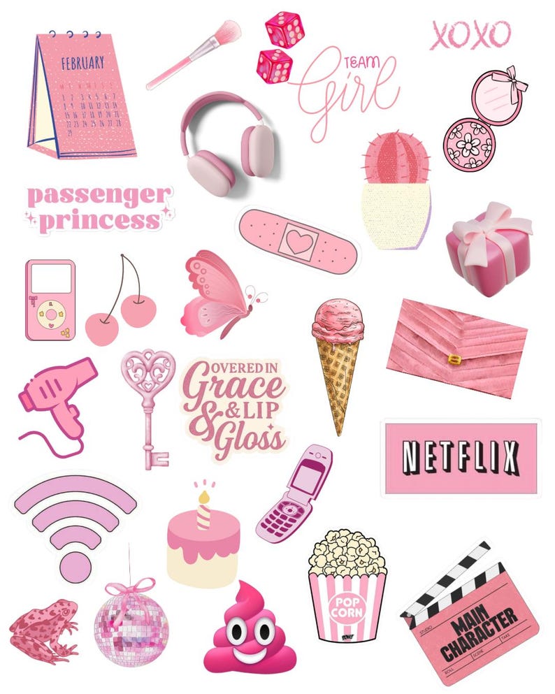 May include: A collection of pink stickers and illustrations, including a calendar, headphones, dice, a butterfly, an ice cream cone, a purse, and a popcorn container. Text includes "Team Girl", "Netflix", and "Main Character".