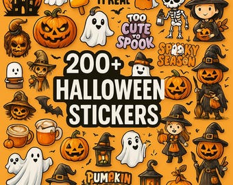 200+ Halloween Stickers Bundle | Cute Ghost, Pumpkin, Witch Stickers | Digital Halloween Printables, Spooky Season Clipart, Planner Stickers