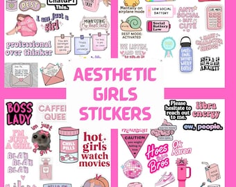 Aesthetic Girly Stickers Pack, Pink Cute Vinyl PNGs, Self Care, Girl Power, pinky sticker, Overthinker, Kawai, Laptop- Water Bottle Stickers