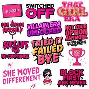 Feminine pink digital sticker pack with stylish girl quotes and aesthetic graphics