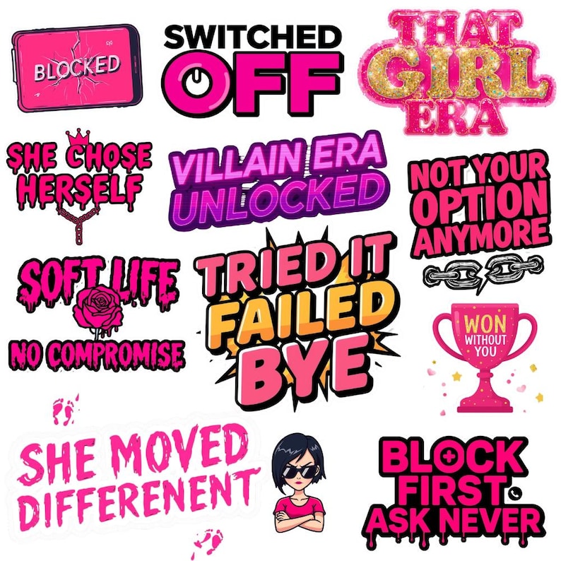 Feminine pink digital sticker pack with stylish girl quotes and aesthetic graphics