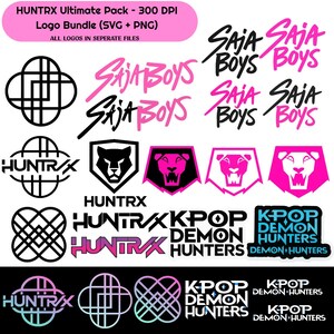 May include: A selection of logos in diverse styles and colours. The logos feature text including "SAJA Boys", "HUNTRX", and "KPOP DEMON HUNTERS". The logos are in black, pink, and white, with geometric and illustrative designs.