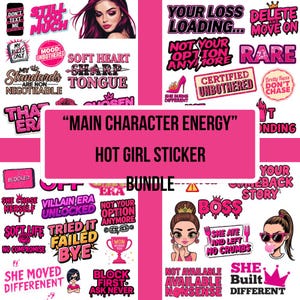 Pink girly sticker bundle with coquette aesthetic quotes and trendy feminine PNG designs