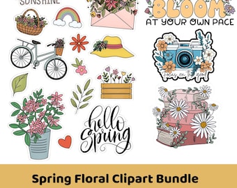 Spring Floral Clipart Bundle PNG, Cute Flower Clipart, Aesthetic Spring PNG, Scrapbook Graphics, Planner Clip Art