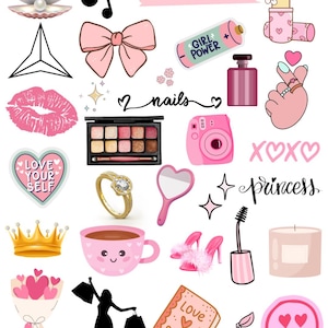 May include: A collection of pink and gold themed illustrations, including a seashell with a pearl, a bow, lipstick, a ring, a crown, and a coffee cup. Text includes "GIRL BOSS", "GIRL POWER", "nails", "princess", and "Love Story".