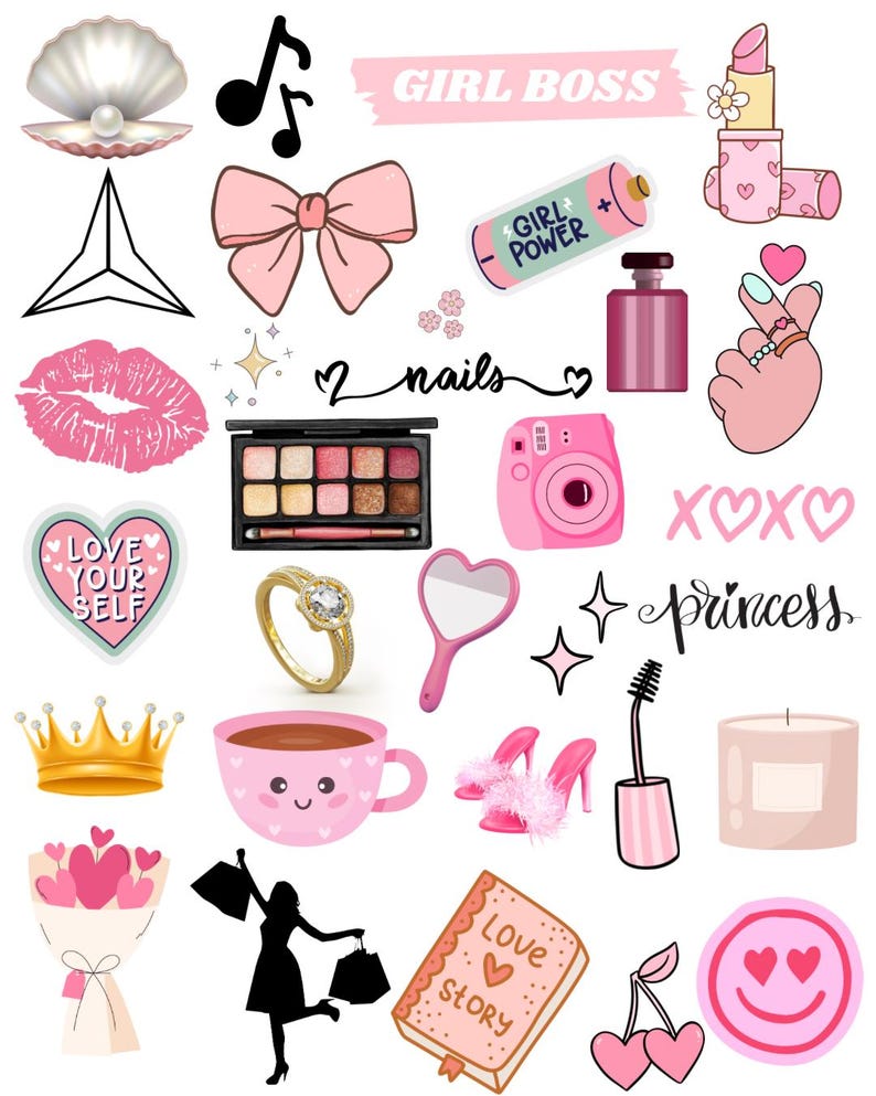 May include: A collection of pink and gold themed illustrations, including a seashell with a pearl, a bow, lipstick, a ring, a crown, and a coffee cup. Text includes "GIRL BOSS", "GIRL POWER", "nails", "princess", and "Love Story".