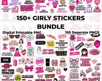 Girly Stickers Bundle, Pink Kawaii Stickers (Digital Download PNG)