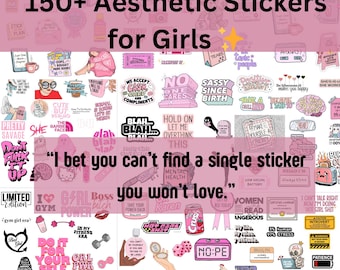 150+ Girly Aesthetic Stickers Pink Kawaii Digital and Printable PNG, Planner, Laptop & Water Bottle, Instant Download