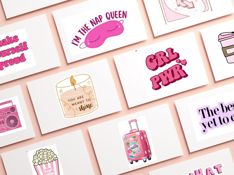 May include: A collection of white cards with pink illustrations and text. The cards feature phrases like "I'm the Nap Queen," "GRL PWR," and "You are meant to shine." Other images include a pink suitcase, a candle, and a coffee cup.