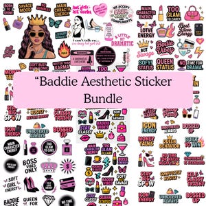 Puede incluir: Un conjunto de pegatinas coloridas con varios diseños y textos, incluyendo pintalabios, coronas y frases como "Baddie Vibes" y "Boss Energy". Las pegatinas están dispuestas en un paquete con el texto "Baddie Aesthetic Sticker Bundle".