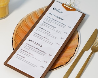Painel de menu de madeira com logotipo personalizado e clipe de couro