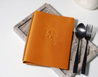 Pasta de couro com logotipo em relevo: Cardápio de restaurante personalizado, A4 A5