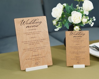 Cardápio de casamento personalizado em madeira: Cardápio rústico gravado