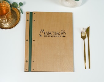 Customizable Wood Menu Cover: A4 Restaurant Menu Folio with Logo