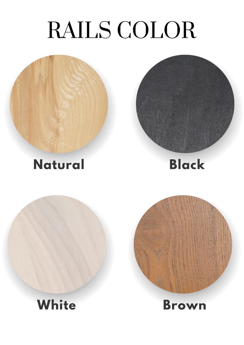 May include: Four wood samples showing different colors: natural, black, white, and brown. The wood samples are circular and have a wood grain pattern.