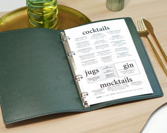 Carpeta de menú de cuero con anillas, funda personalizada para menú de restaurante