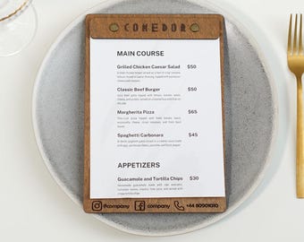 Cardápio de madeira personalizado com logotipo: Cardápio para restaurante, café ou bar
