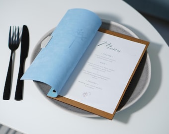 Porta-menu em couro com logotipo em relevo: Pasta para cardápio de restaurante