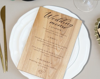 Cardápio de casamento em madeira gravada: Cardápio rústico personalizado
