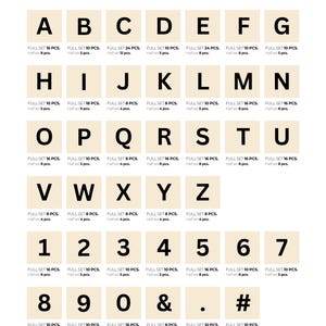 May include: A beige chart with black text listing the letters of the alphabet, numbers 1-9, and symbols. The chart shows the number of pieces in a full set and half set of each letter, number, and symbol. The text at the bottom of the chart reads "Free of charge additional symbols if you need any. Up to 25 symbols."