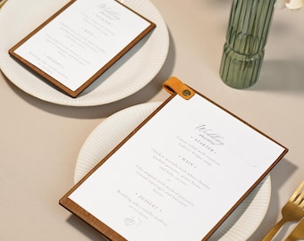 Quadro de menu personalizado em madeira com clipe de couro: capa para menu de restaurante ou café