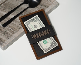 Porta-compras de madeira, porta-recibos para pizzaria, talão de cheques para garçons com gravação de logotipo, porta-contas para restaurante