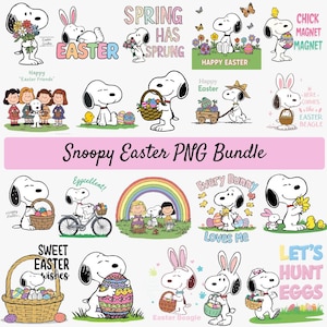Op de afbeelding: Een verzameling Snoopy-thema Paas PNG-afbeeldingen. Snoopy wordt afgebeeld in verschillende Paas-scènes, waaronder het vasthouden van bloemen, paaseieren en manden. Tekst bevat "Vrolijk Pasen", "De lente is begonnen" en "Laten we eieren zoeken".
