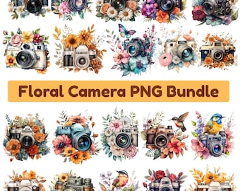 May include: A selection of vintage cameras decorated with vibrant floral arrangements. The cameras are in various colours, including black, silver, and brown, and are surrounded by flowers, leaves, and butterflies. The text "Floral Camera PNG Bundle" is displayed.