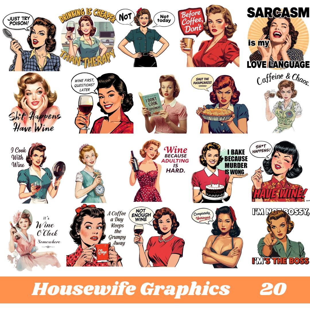 Retro Housewife PNG Clipart Bundle, Sarcastic 1950s Homemaker Graphics ...
