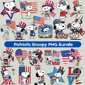 May include: A collection of patriotic Snoopy PNG images. Snoopy is depicted in various poses, wearing red, white, and blue outfits and hats, holding American flags, and celebrating Independence Day. The text "Patriotic Snoopy PNG Bundle" is displayed.