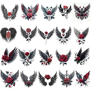 May include: A collection of tattoo designs featuring black wings and red roses. The designs vary, with some including additional elements like hearts, vines, and a sword. The wings have detailed feather patterns.