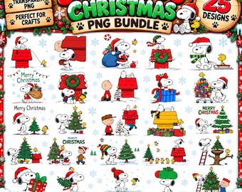 May include: A digital collection of 25 Snoopy Dog Christmas PNG designs featuring Snoopy and Woodstock in various holiday scenes, including decorating trees, wearing Santa hats, and sitting on doghouses, set against a snowy background.