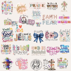 Peut inclure: Une collection de graphiques colorés sur le thème chrétien avec des citations et des phrases inspirantes. Les motifs incluent des textes tels que "Jésus vous aime", "La foi sur la peur" et "Dieu est bon". Les images présentent des accents floraux et papillons.