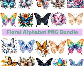 Watercolor Butterfly Clipart, Watercolor Butterflies Clipart Bundle, Colorful Butterflies Png Bundle, Flowers PNG Bundle