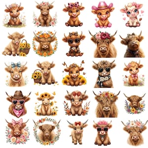 May include: A collection of watercolor illustrations featuring adorable Highland cows. Each cow is depicted with unique accessories like floral crowns, sunglasses, and bows. The cows are surrounded by flowers and butterflies, creating a charming and whimsical aesthetic.