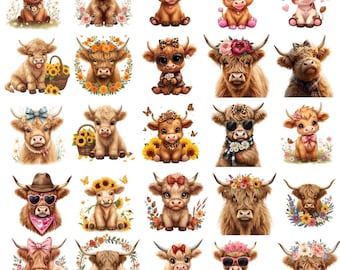 Paquete de imágenes prediseñadas de vacas de las Tierras Altas bebés, diseños bohemios de granja (descarga digital)