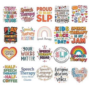 Op de afbeelding: Een verzameling kleurrijke ontwerpen met het thema logopedie. Elk ontwerp bevat tekst zoals "Speech Therapy Vibes", "Proud to be an SLP" en "Your Words Matter". De ontwerpen bevatten harten, regenbogen en sterren.
