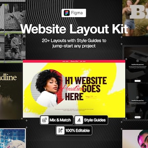 May include: A digital website layout kit for Figma featuring over 20 customizable templates, style guides, and editable design elements. The display includes a central yellow graphic with a person, bold text, and various UI layout previews.