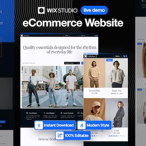 Può includere: Un mockup di sito web per una piattaforma di e-commerce, che mostra un design moderno con il testo "eCommerce Website". Il sito presenta esposizioni di prodotti, tra cui una felpa e una maglietta basic, e il testo "Quality essentials designed for the rhythm of everyday life."