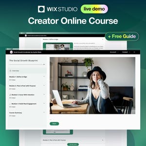 May include: Image promoting a Wix Studio Creator Online Course. The image features a woman working on a laptop, with course modules displayed on the screen. The text "+ Free Guide" is also visible.