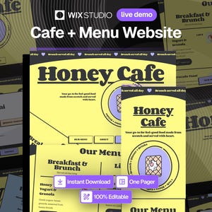 Può includere: Un modello di sito web per un bar e un menu, con uno schema di colori giallo e nero. Il design include il testo "Honey Cafe" e "Breakfast & Brunch". Il modello è pubblicizzato come download immediato e modificabile al 100%.