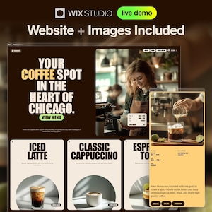 Può includere: Un design di sito web per un bar, con il testo "YOUR COFFEE SPOT IN THE HEART OF CHICAGO." Il design include immagini di bevande al caffè, un barista e le parole "ICED LATTE" e "CLASSIC CAPPUCCINO."